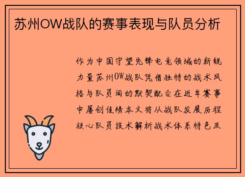 苏州OW战队的赛事表现与队员分析
